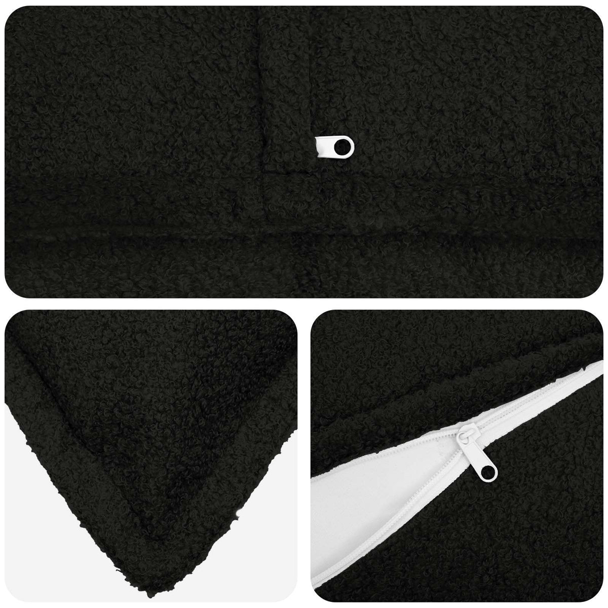 Close up of black bouclé fabric and zipper detail on a pillowcase