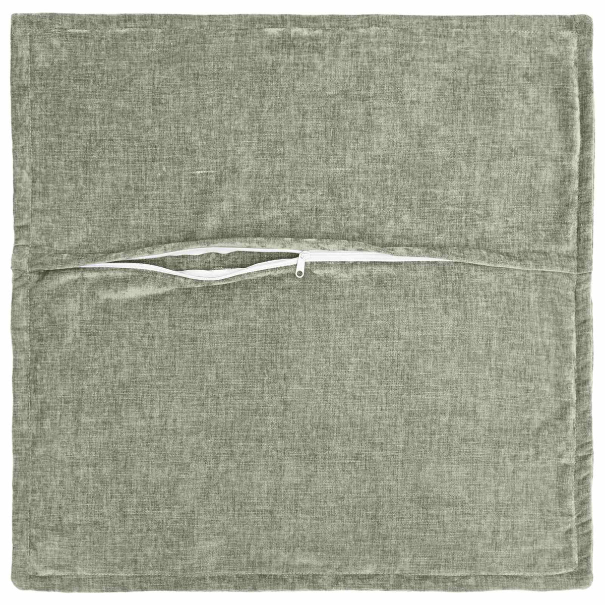 the back of a green chenille cushion cover showing a zip fastening