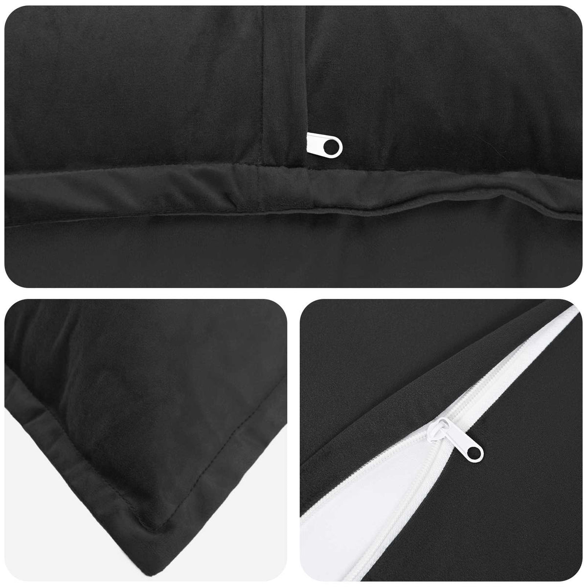 close up of the corner and zip of a black cushion
