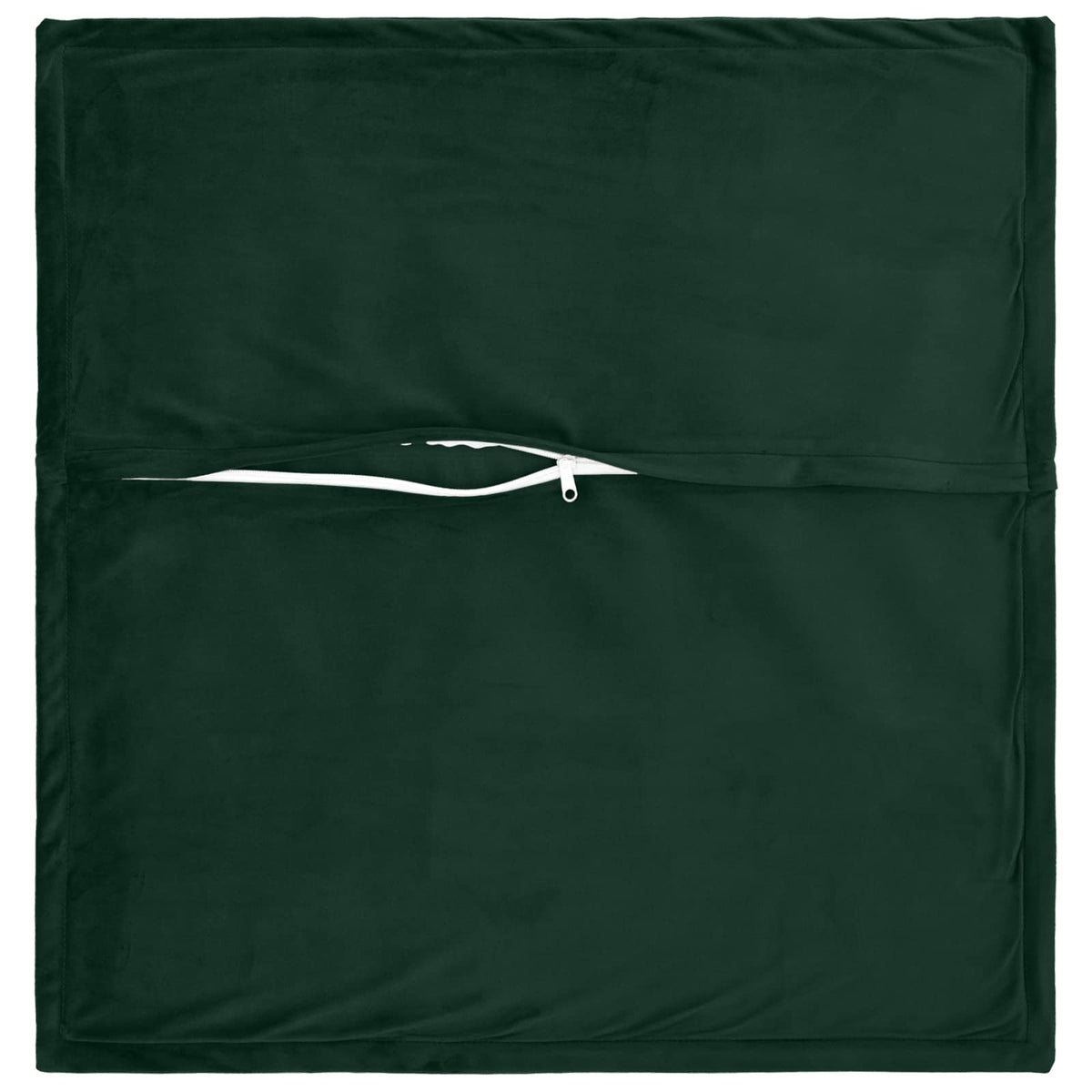The back of a dark green velvet cushion showing a zip closure