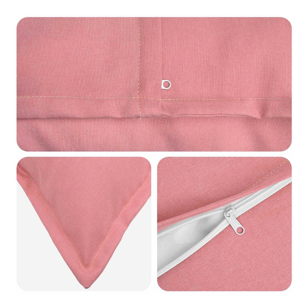 Close-up details of the pink cushion, including stitching and a zip