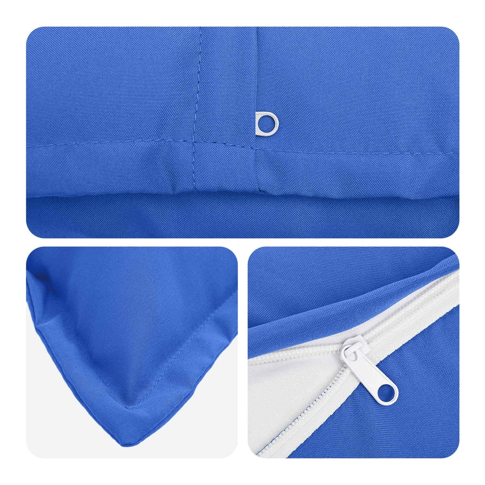 Close up details of a royal blue pillowcase showing stitching and zip