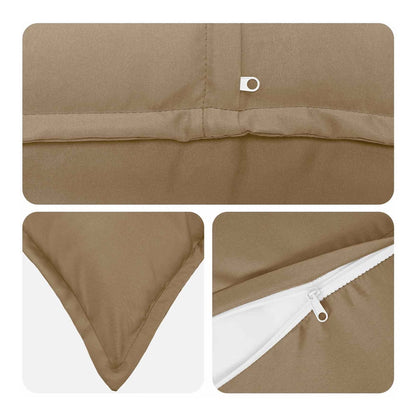 Close up details of a taupe cushion cover showing corner stitching and zip