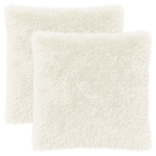 Two white fluffy cushions side by side