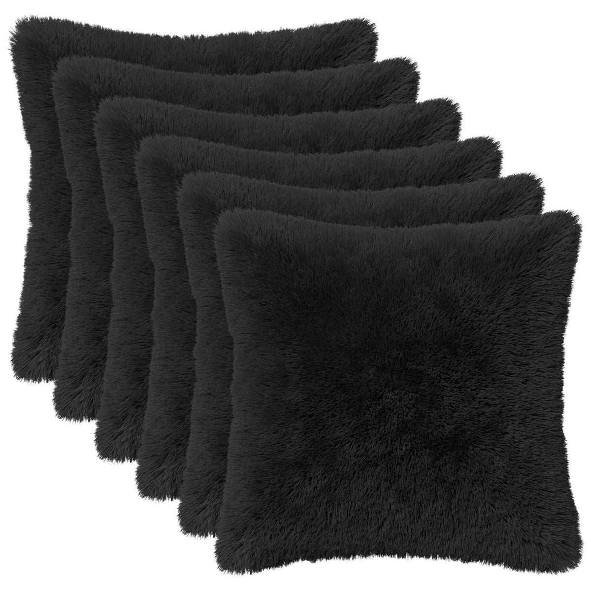 six black fluffy cushions displayed in a fan shape
