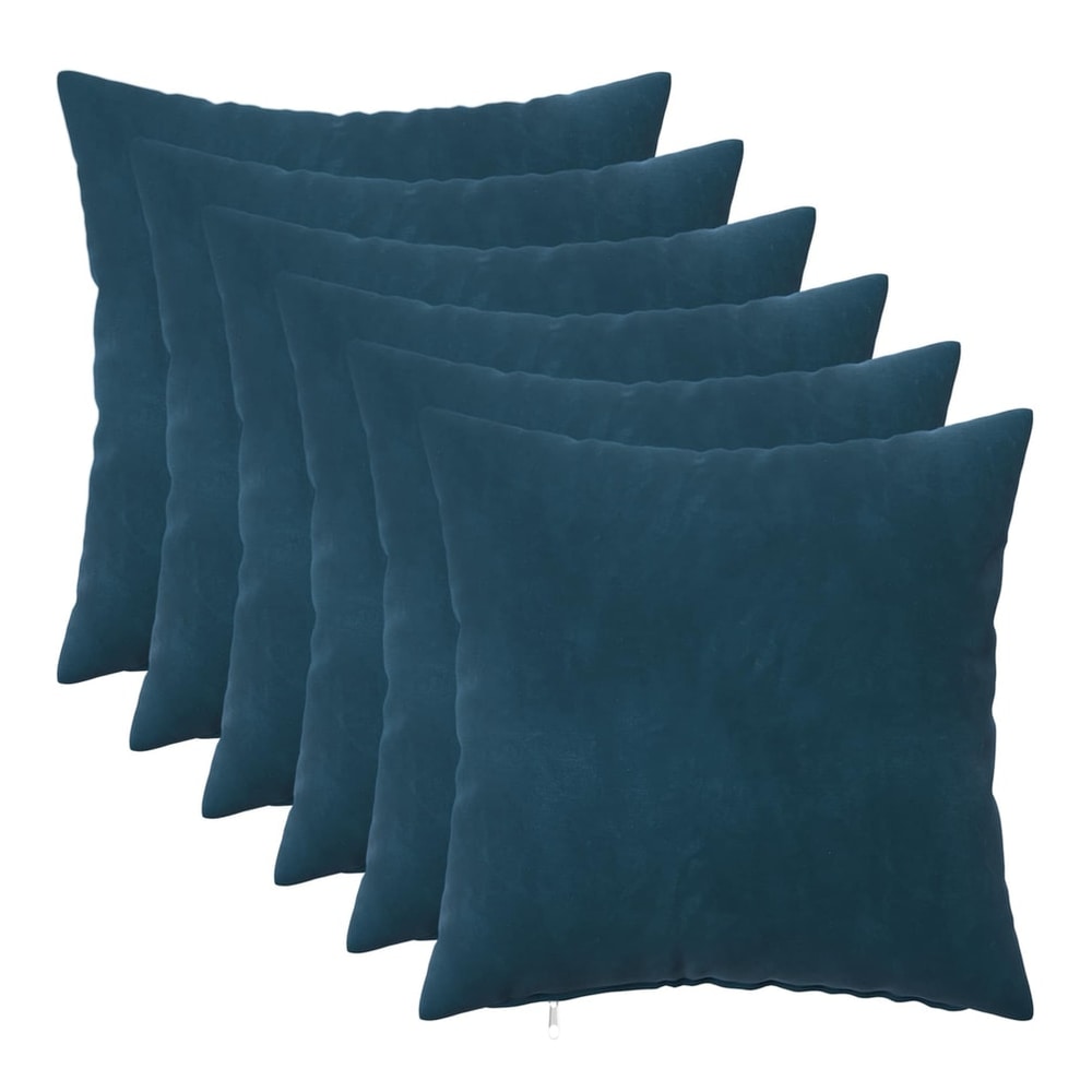 six blue velvet cushions arranged on a white background