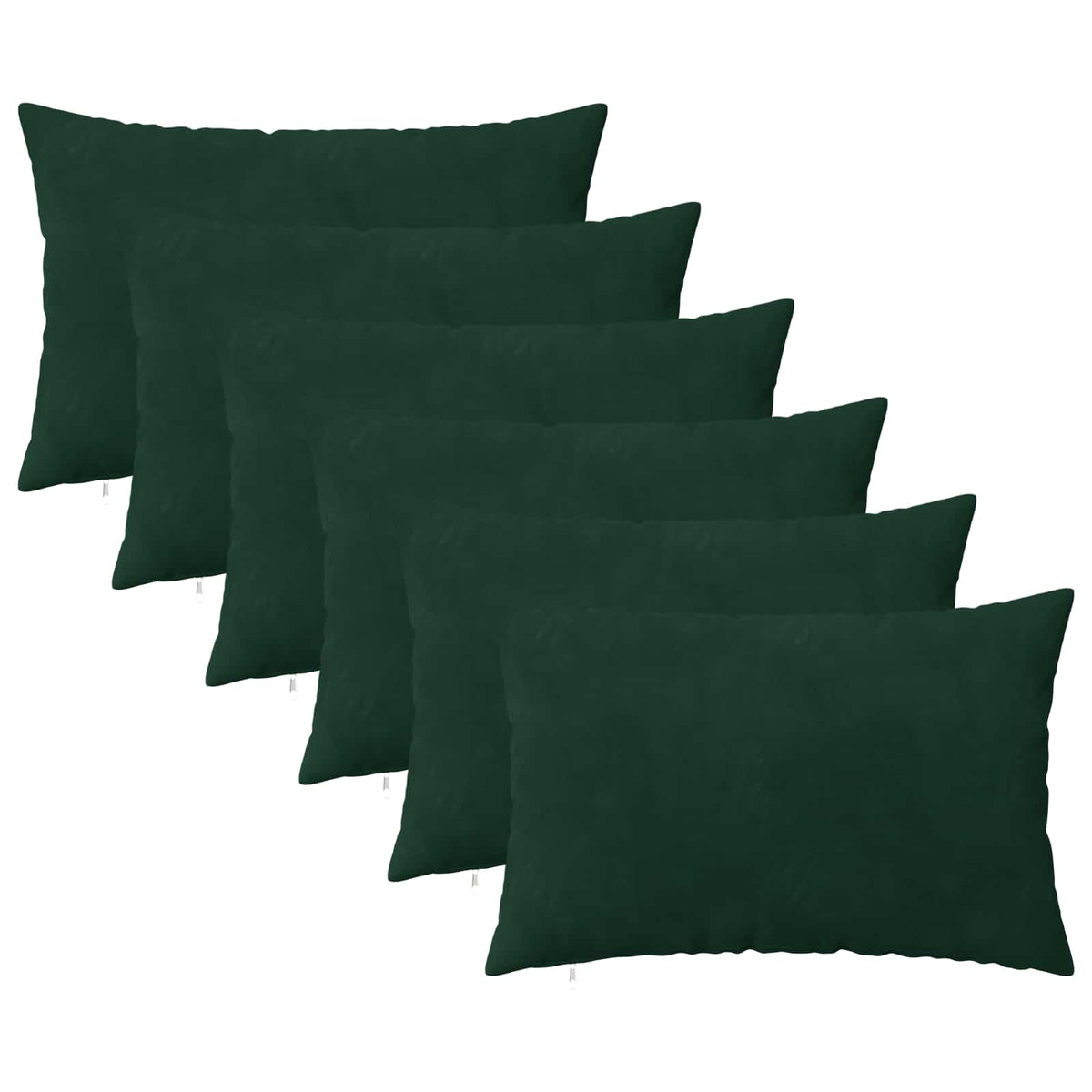 Six dark green velvet cushions arranged together