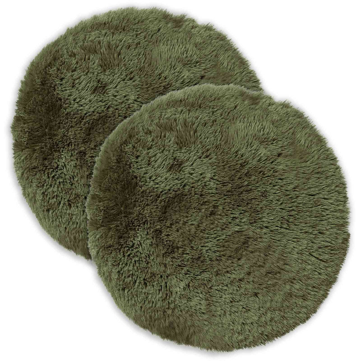 Two green round fluffy cushions, one slightly behind the other