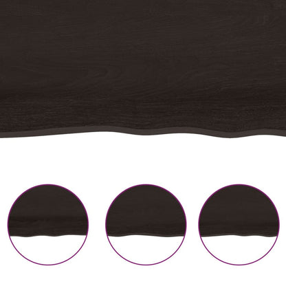 Three circular close-ups showing the wavy edge of the dark brown wooden shelf