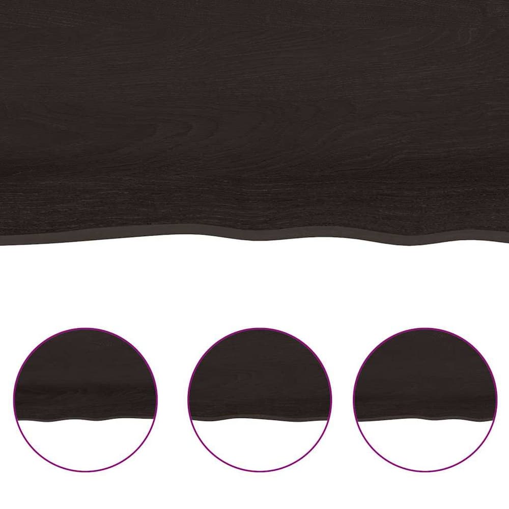 Three circular close-up views of the dark brown solid wood countertop edge