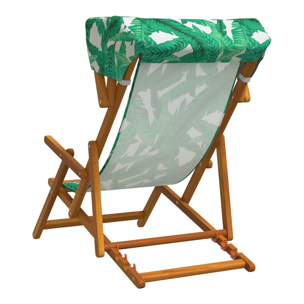 Rear view of the wooden deck chair showing the wooden frame and fabric
