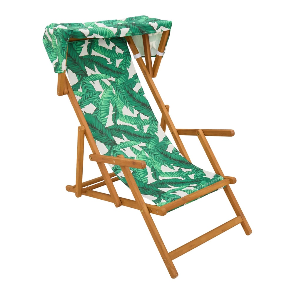 The wooden deck chair with a green leaf pattern fabric and adjustable canopy