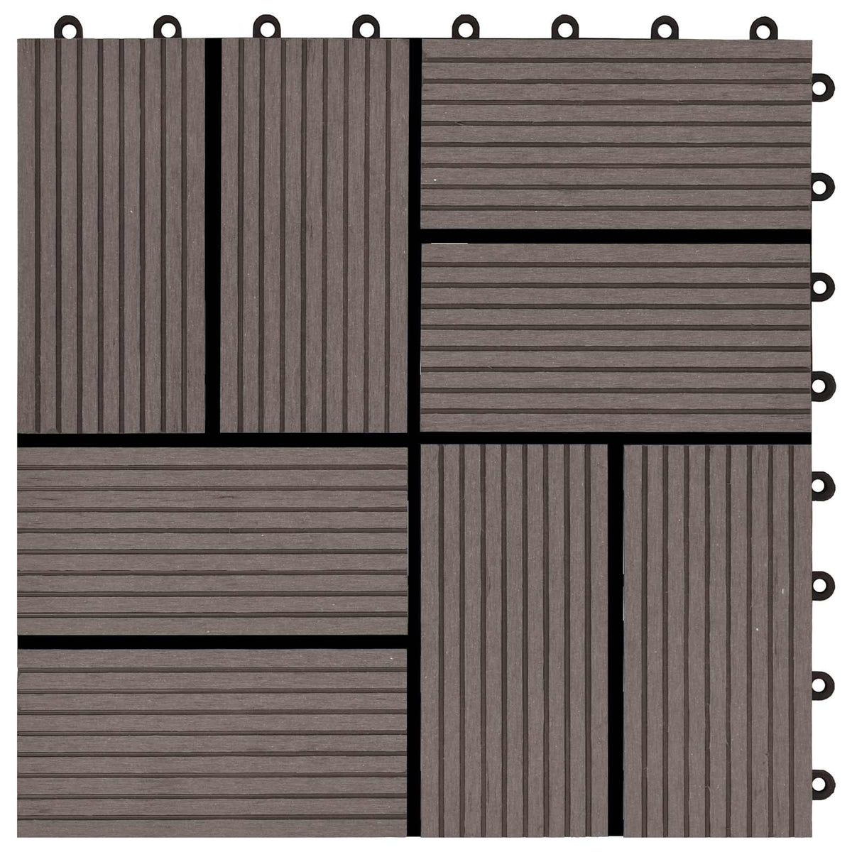 four dark brown decking tiles showing different wood grain patterns
