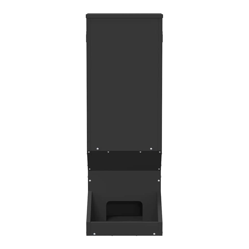 the black steel deer feeder shown from the front, bottom section open