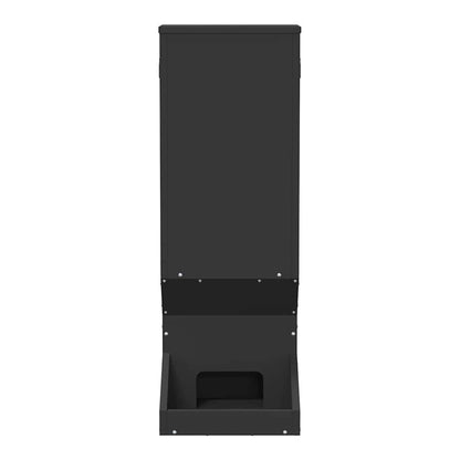 the black steel deer feeder shown from the front, bottom section open