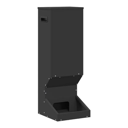 the black steel deer feeder shown from the front with the lid closed