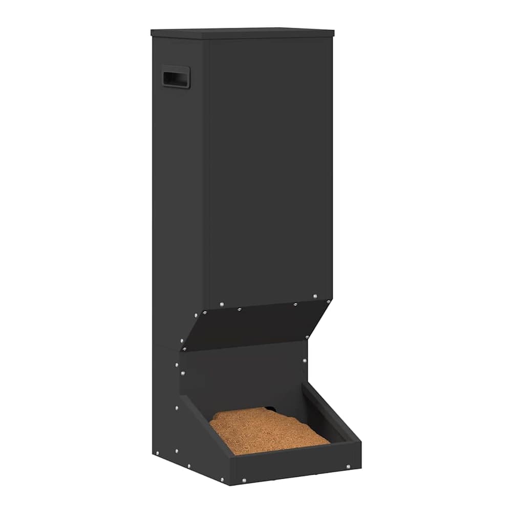 the black steel deer feeder with food in the tray and hopper
