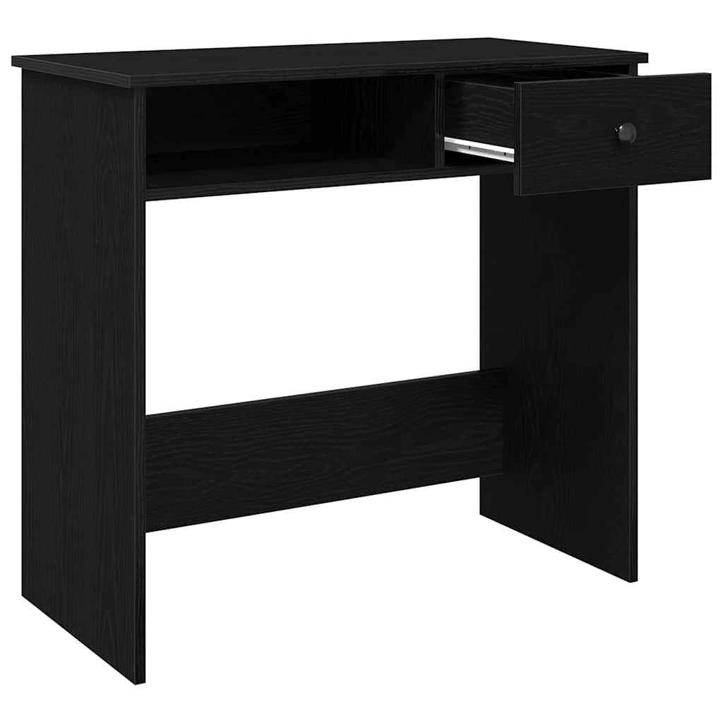 the black desk with the drawer pulled out to show the internal storage space
