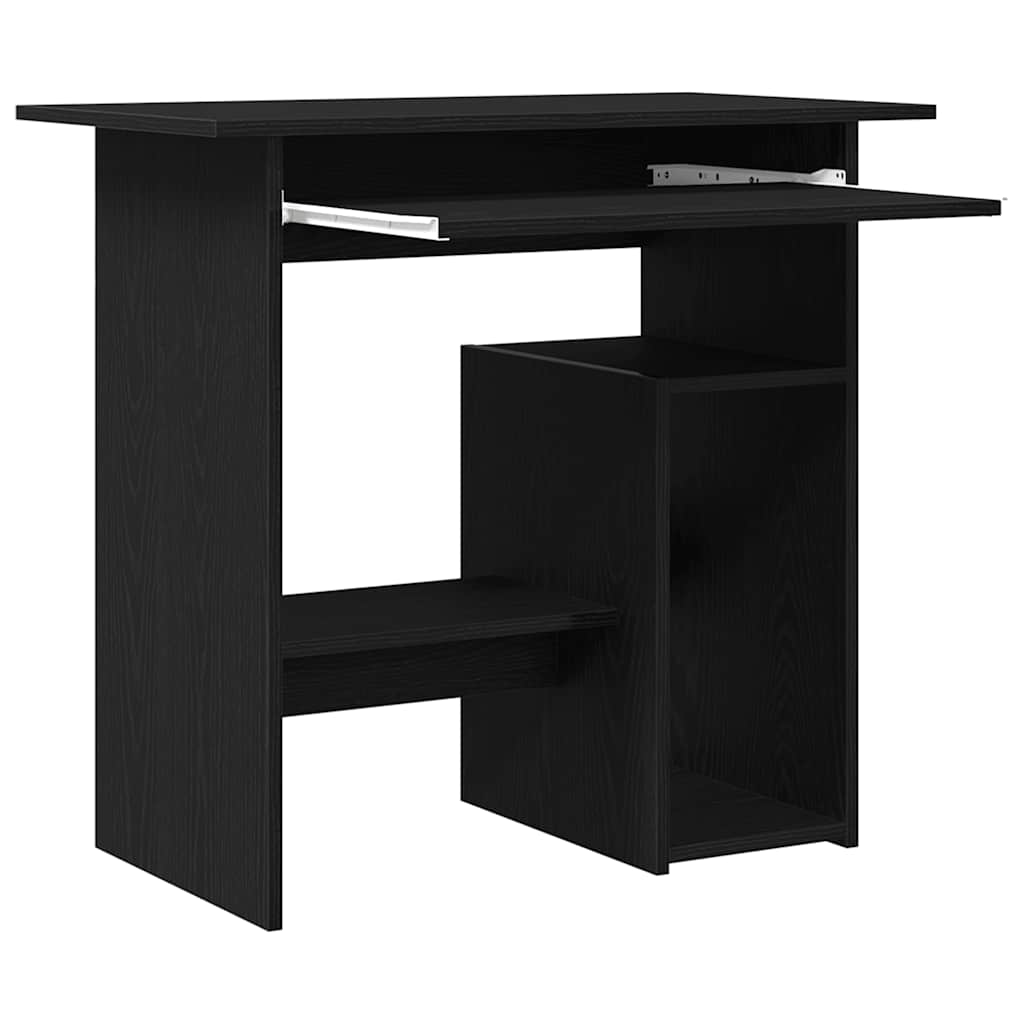 the black desk with the keyboard tray extended outwards from the frame