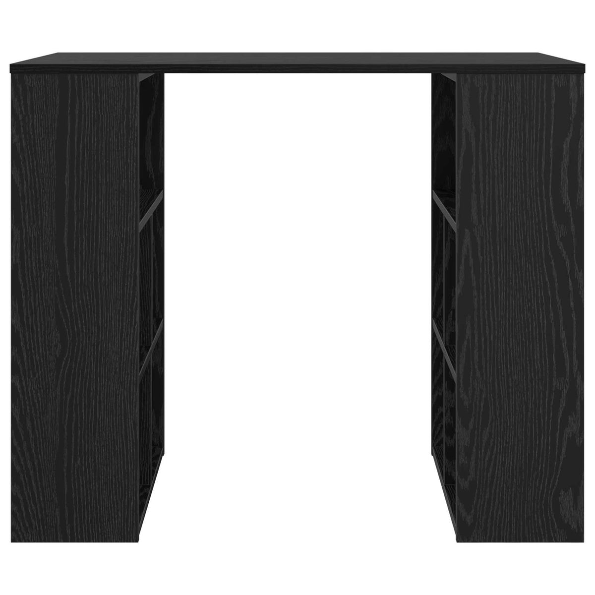 The black desk viewed directly from the front showing the open leg space and side shelves
