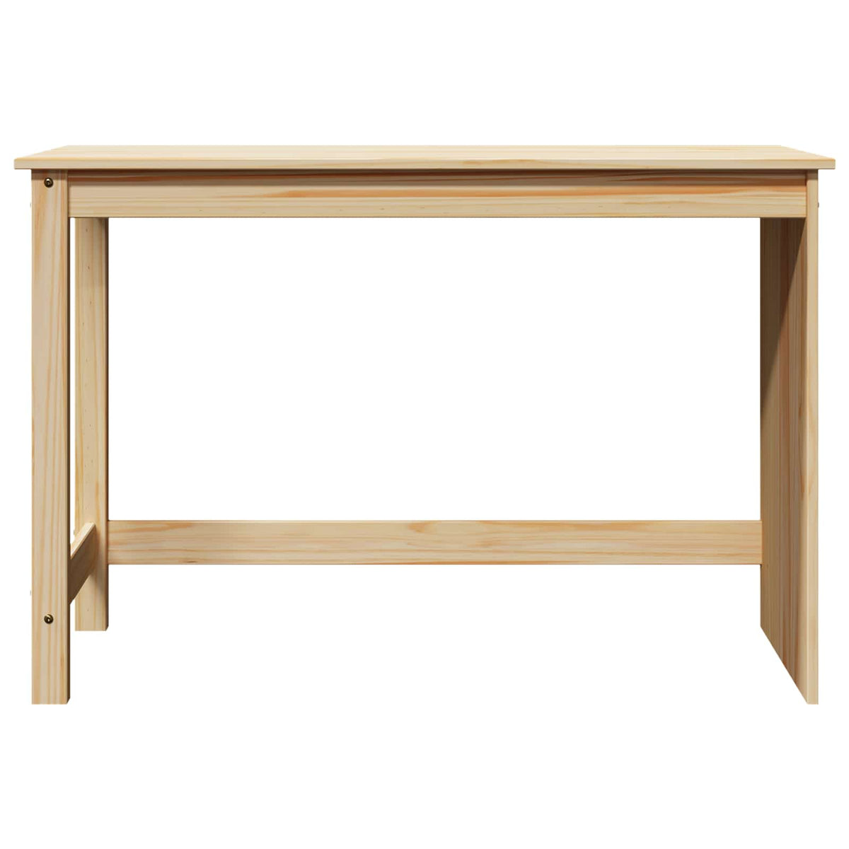 The front of a plain wooden desk with a simple rectangular top and four legs