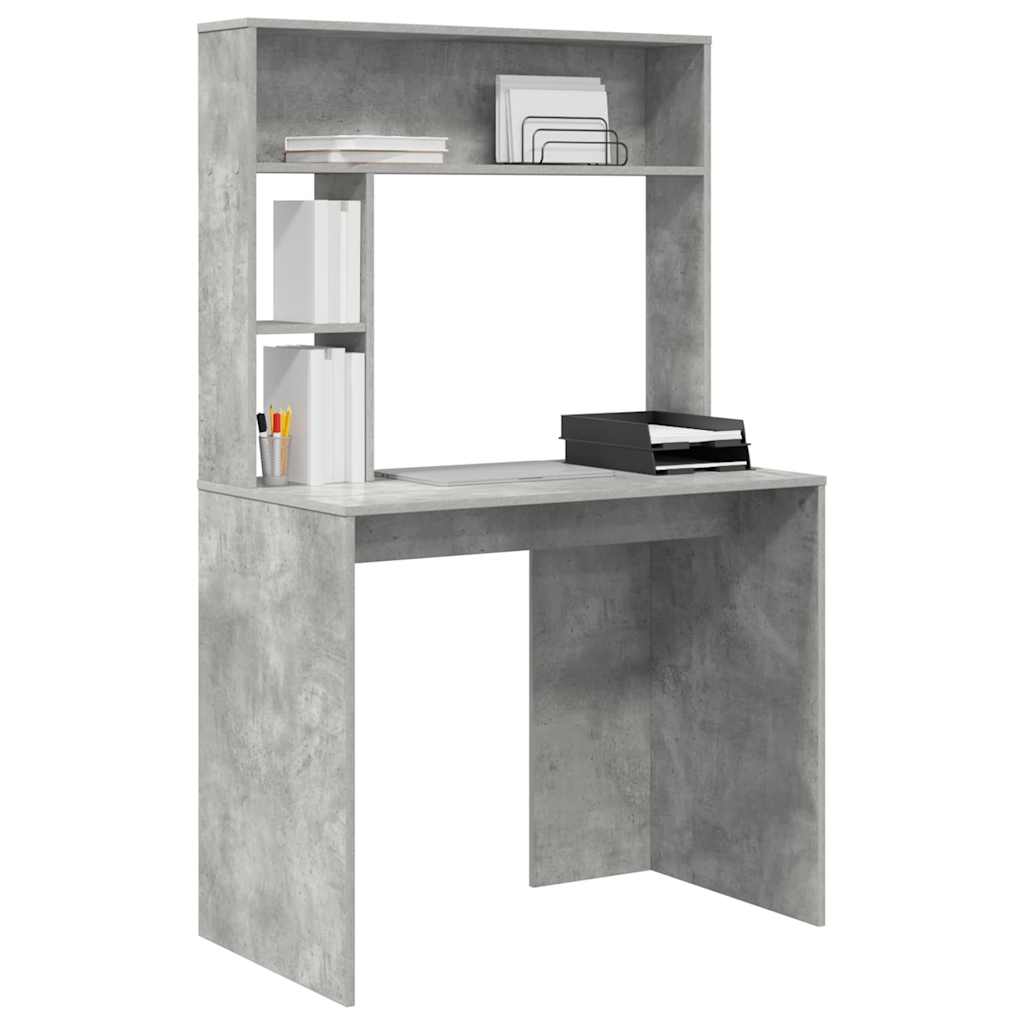The desk featuring a hutch with shelves holding office supplies and a black document tray