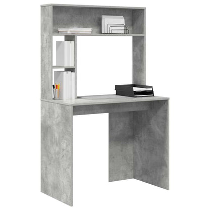 The desk featuring a hutch with shelves holding office supplies and a black document tray