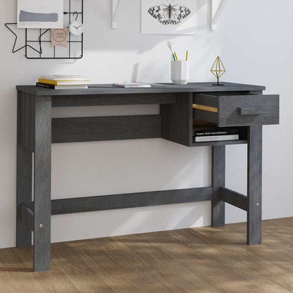 The dark grey solid wood pine desk with the drawer pulled out