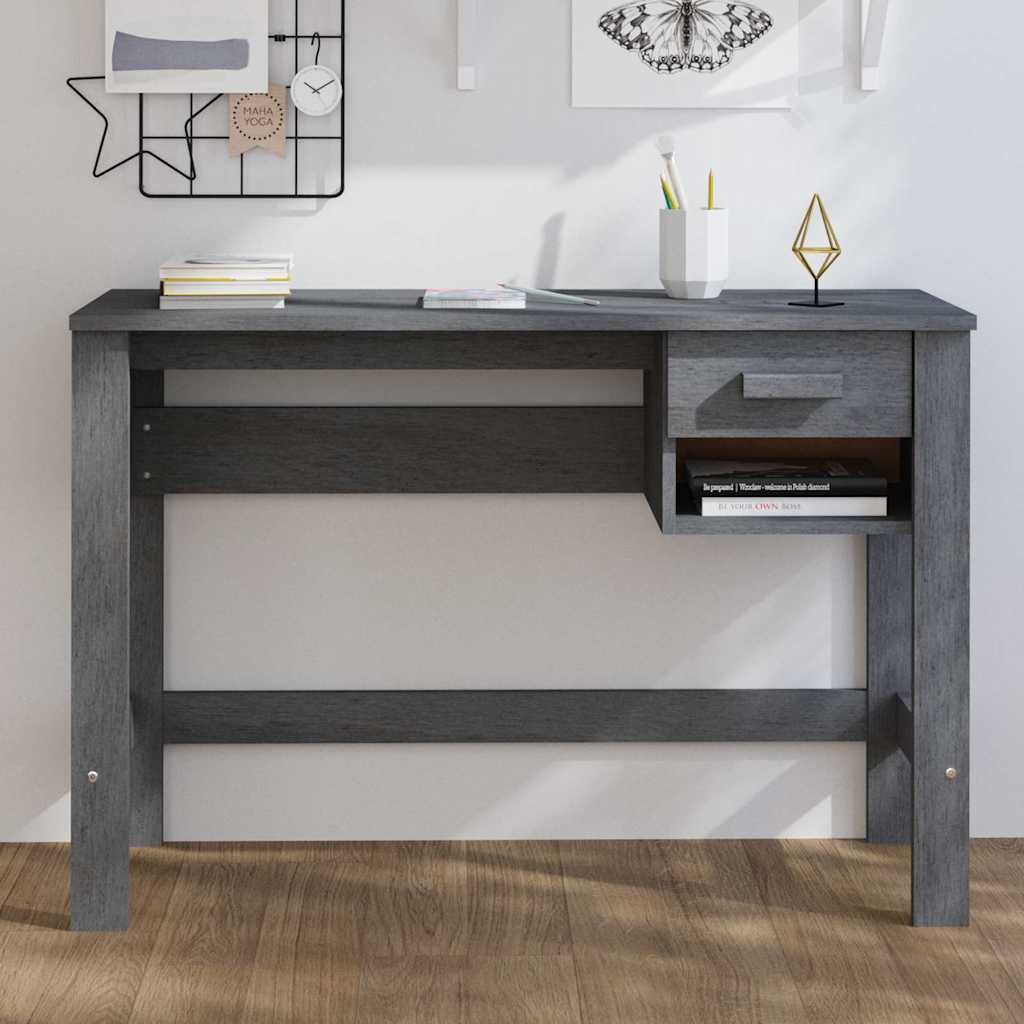 vidaXL Desk "HAMAR" Dark Grey Solid Wood Pine in a room setting with books and a pen holder