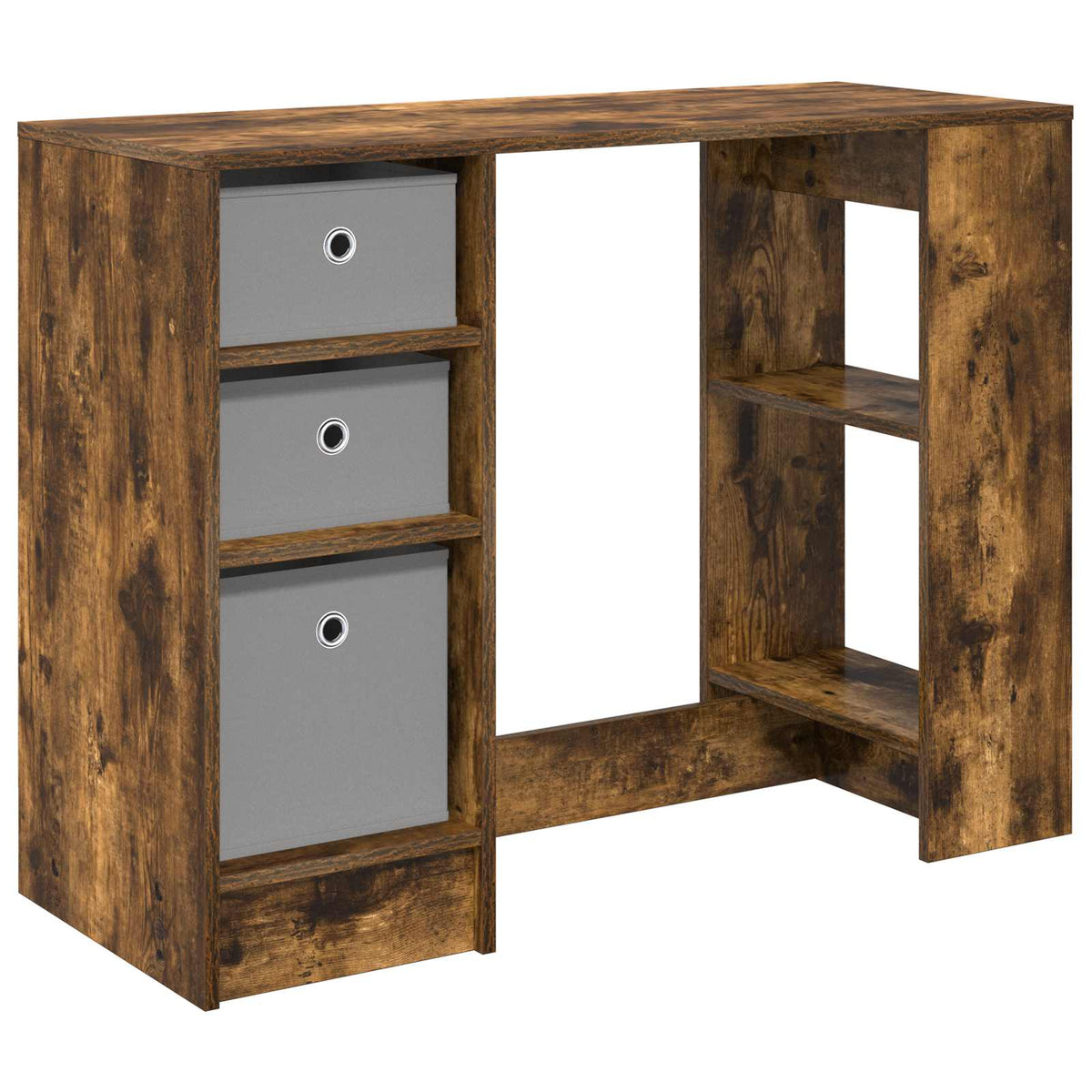 Smoked oak engineered wood desk with three grey fabric storage boxes and open shelving