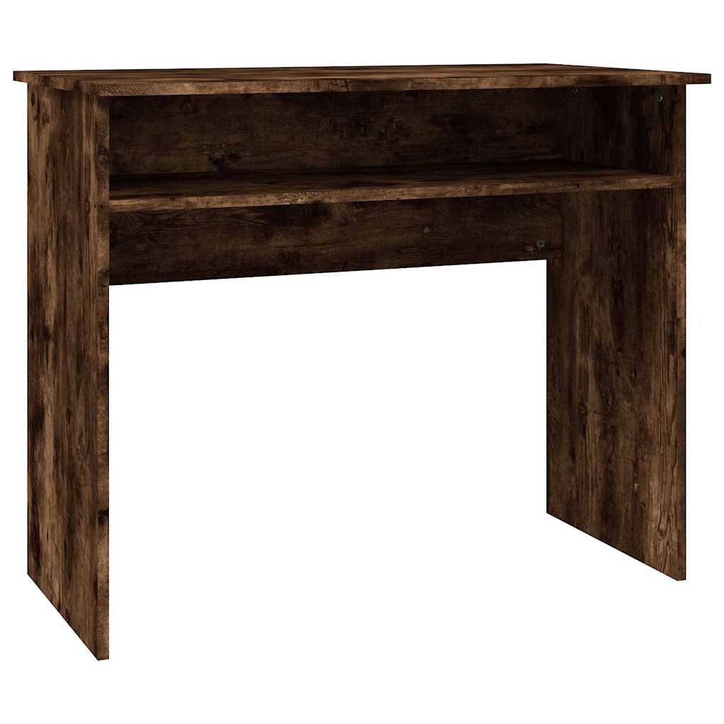 The desk showing the open storage shelf and side panels against a white background