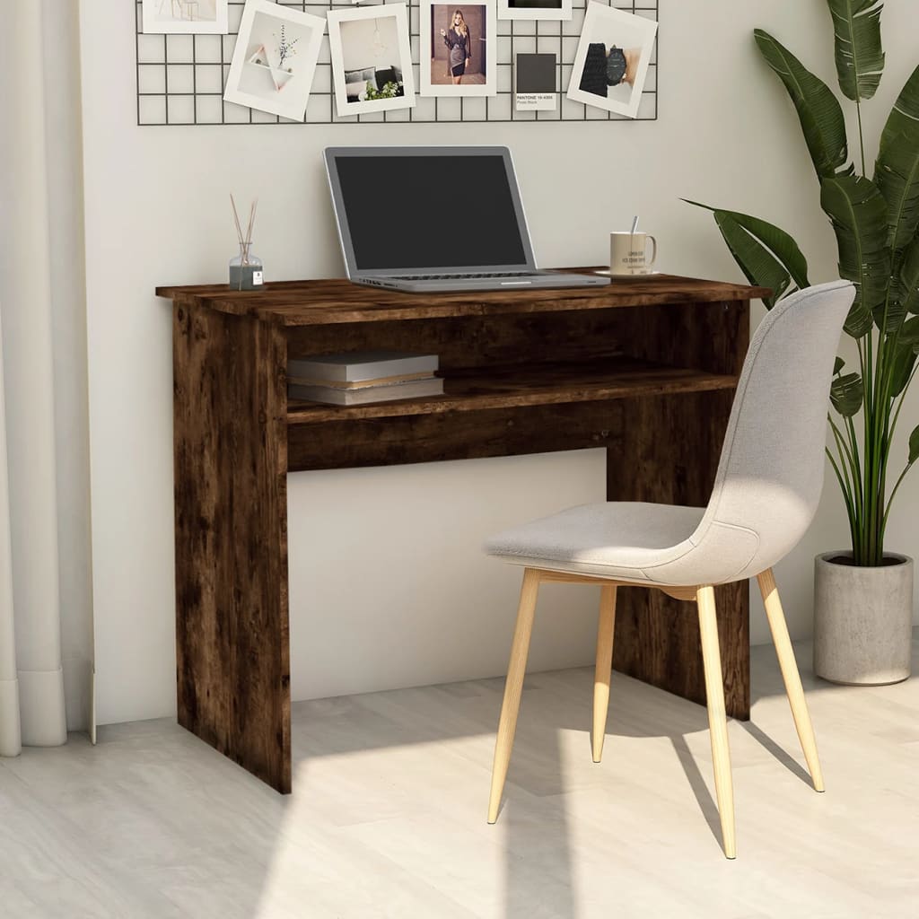 vidaXL Desk Smoked Oak Engineered Wood set up in a home office with a chair and laptop