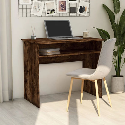 vidaXL Desk Smoked Oak Engineered Wood set up in a home office with a chair and laptop
