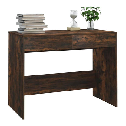 Close up of the smoked oak engineered wood desk showing the drawer fronts and surface
