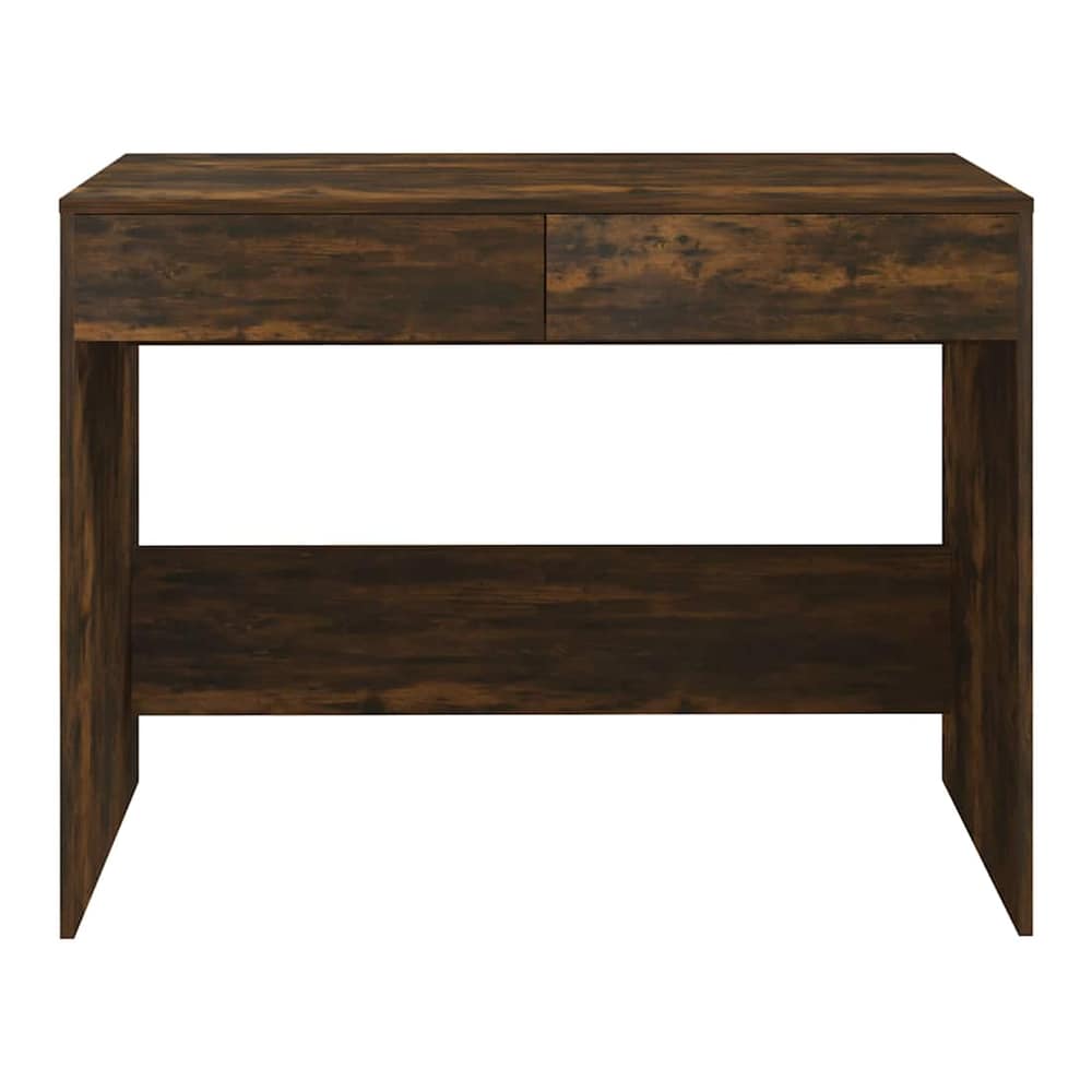 Front view of the smoked oak engineered wood desk with two drawers