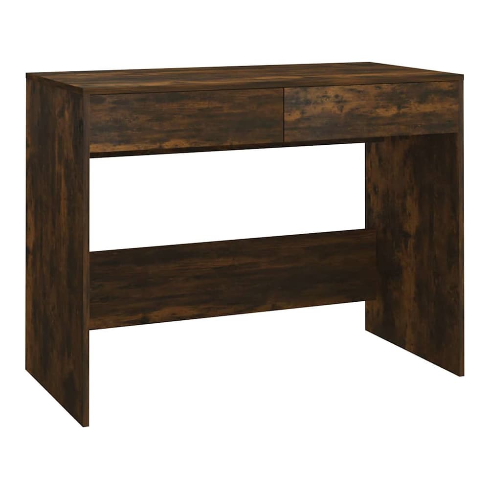 Smoked oak engineered wood desk with two drawers, front view