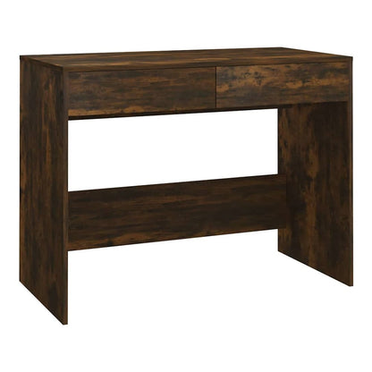 Smoked oak engineered wood desk with two drawers, front view