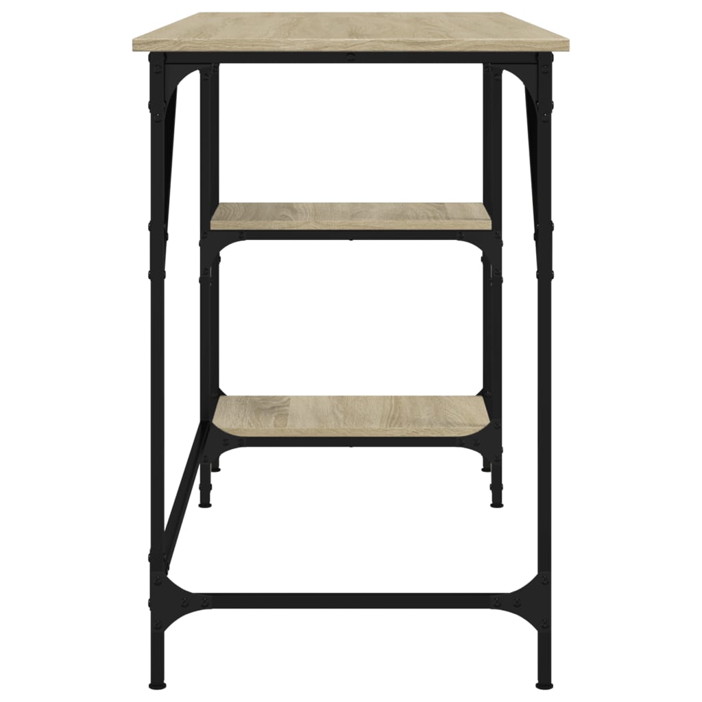 The desk has a light wood effect top and two shelves with black metal legs and frame