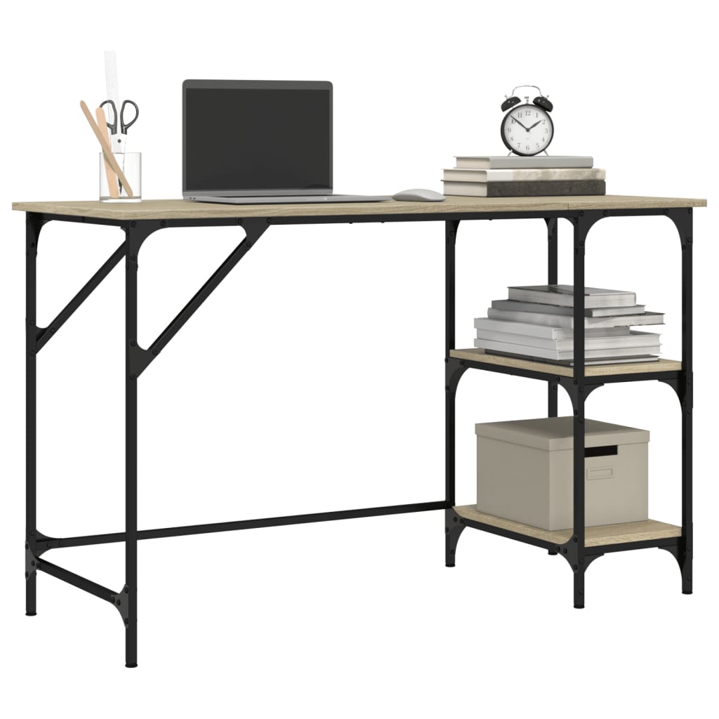 The desk has a laptop, books and a clock on its surface and shelves