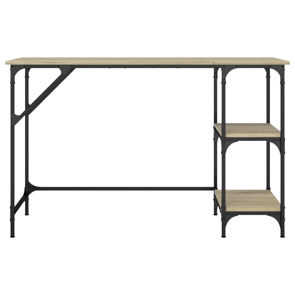 This desk has a light wood effect top and two shelves with black metal legs