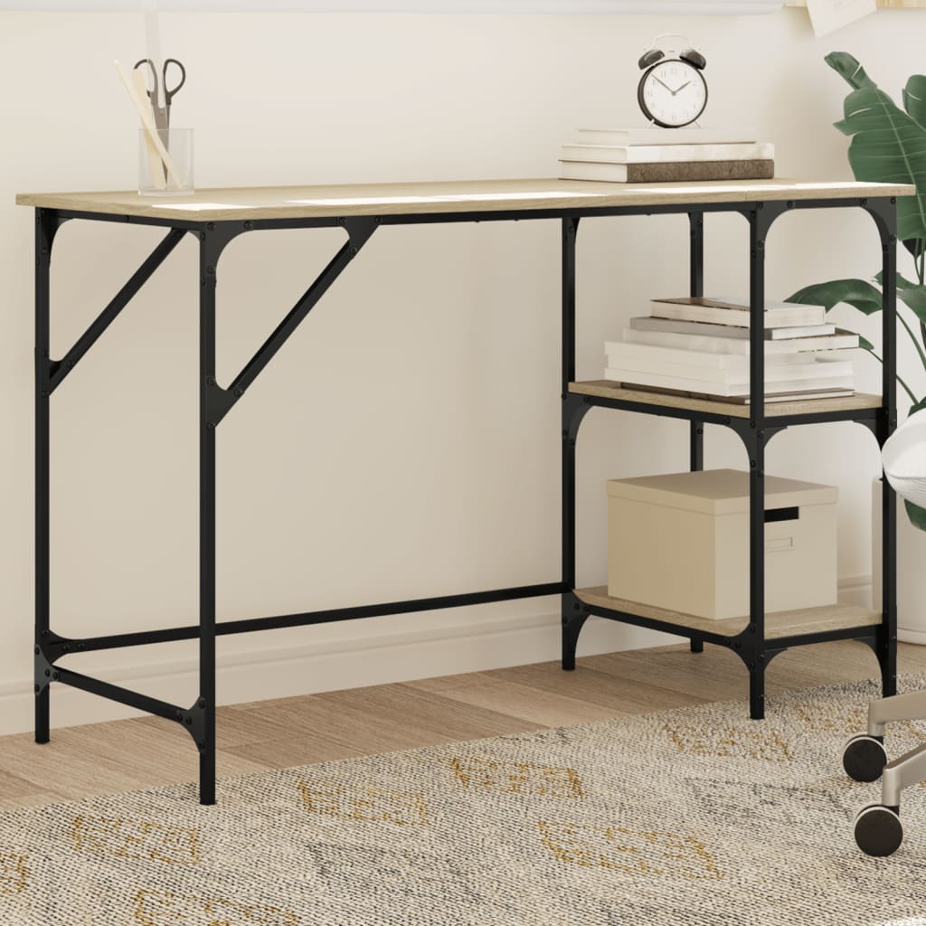 vidaXL Desk Sonoma Oak Metal and Engineered Wood, a simple desk with black metal legs and a light wood effect top and shelves