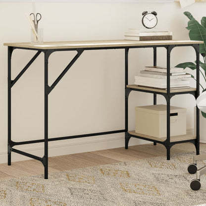 vidaXL Desk Sonoma Oak Metal and Engineered Wood, a simple desk with black metal legs and a light wood effect top and shelves