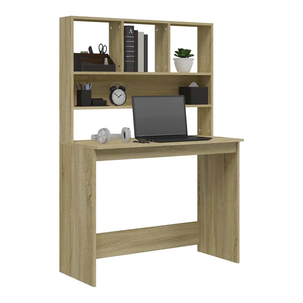 The desk with shelves is displayed with a laptop, headphones and other items on its surface