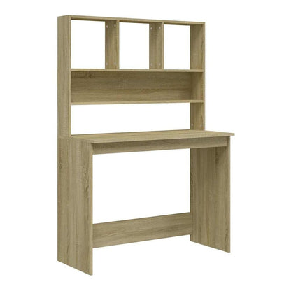 The desk with shelves is shown from the front, a simple wooden unit with storage above the desk surface