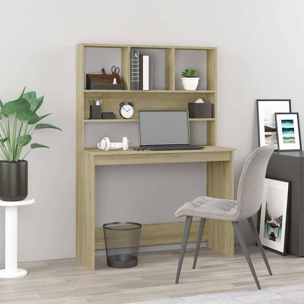 vidaXL Desk with Shelves Sonoma Oak Engineered Wood set up in a room with a chair and laptop
