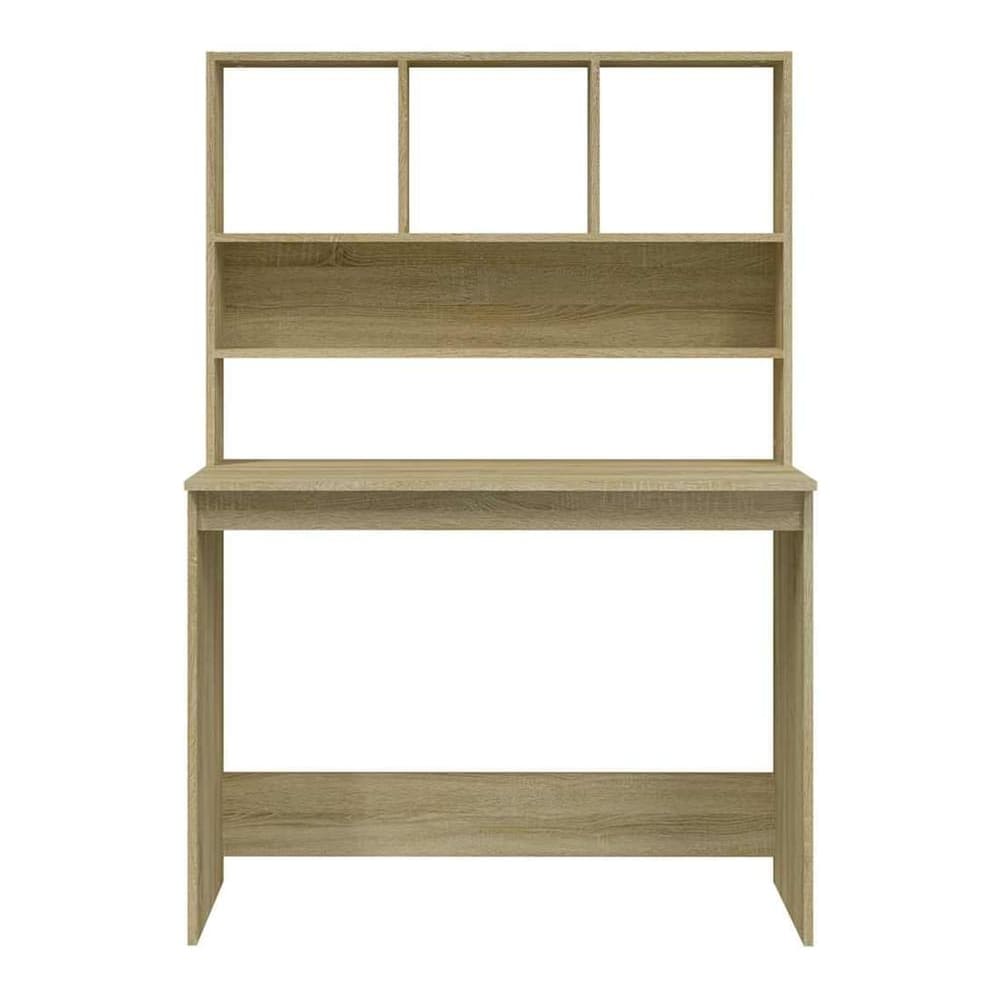 A full front view of the desk with shelves, showing its structure and storage compartments