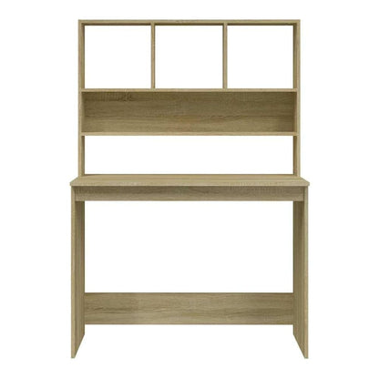 A full front view of the desk with shelves, showing its structure and storage compartments
