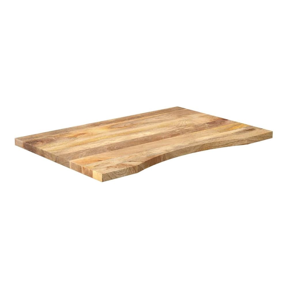 the desk top with a curve, shown from a low angle to highlight its thickness and natural wood grain