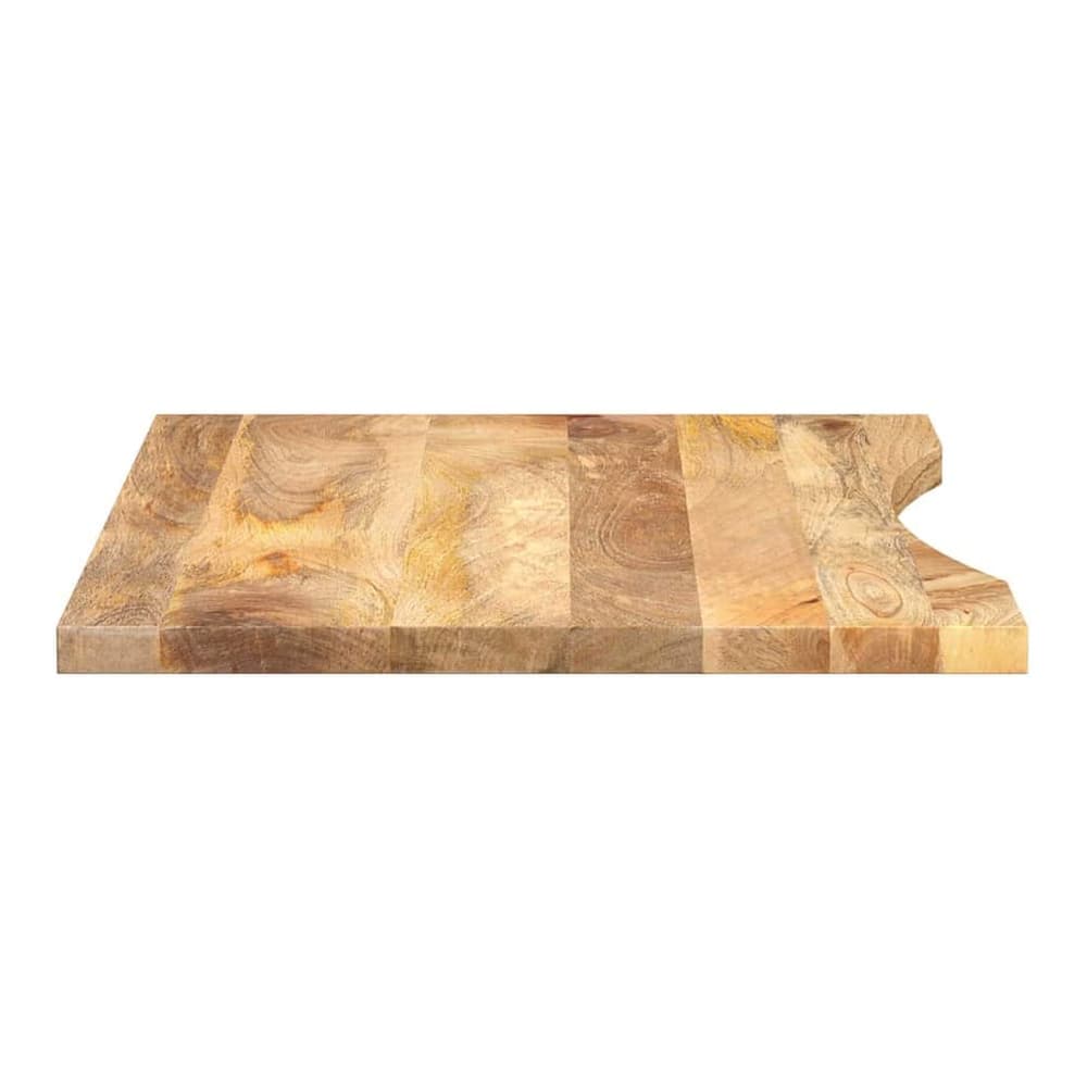 the solid wood desk top with a curve, viewed from the side showing its irregular edge