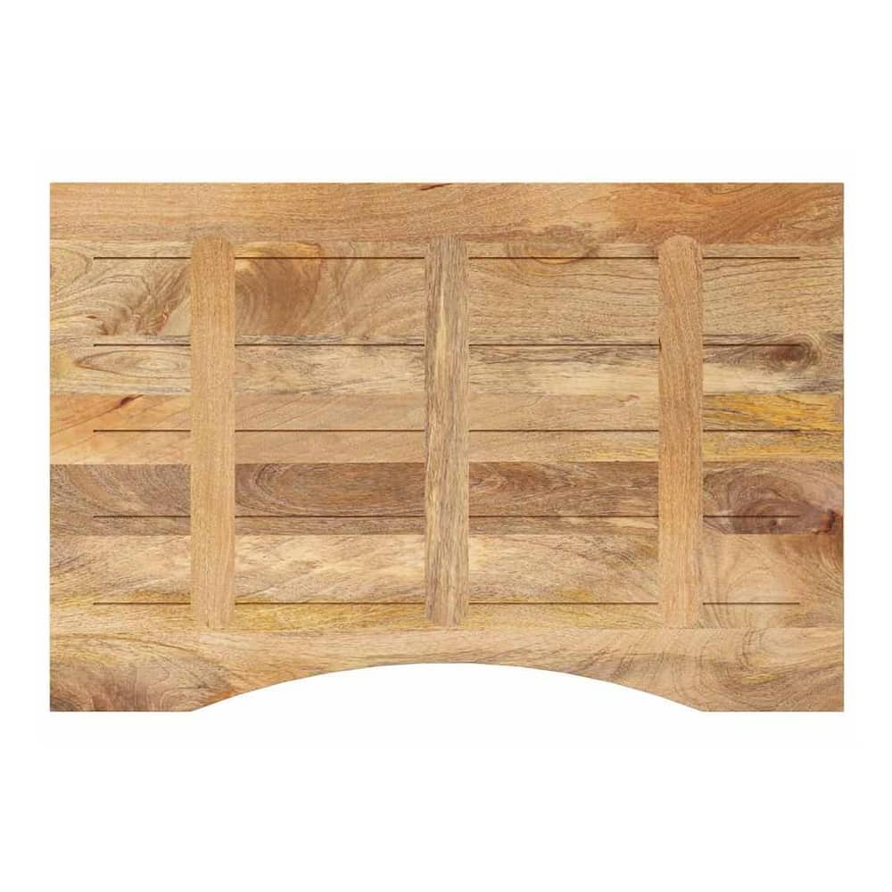 the underside of the desk top with a curve, showing the wooden planks and support structure